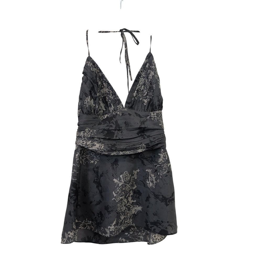 Express 100% Silk Halter Top Grey Black Floral Damask Small Whismygoth Dark Y2K